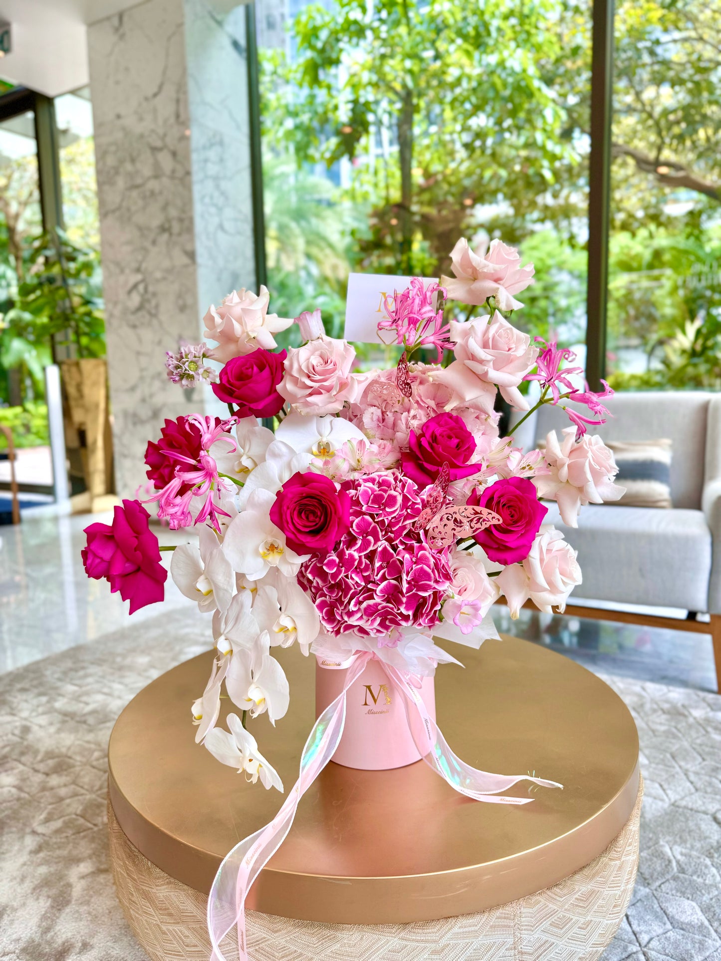 Barbie Girl - Hot Pink Ecuadorian Roses, Dutch Hydrangeas & White Orchids