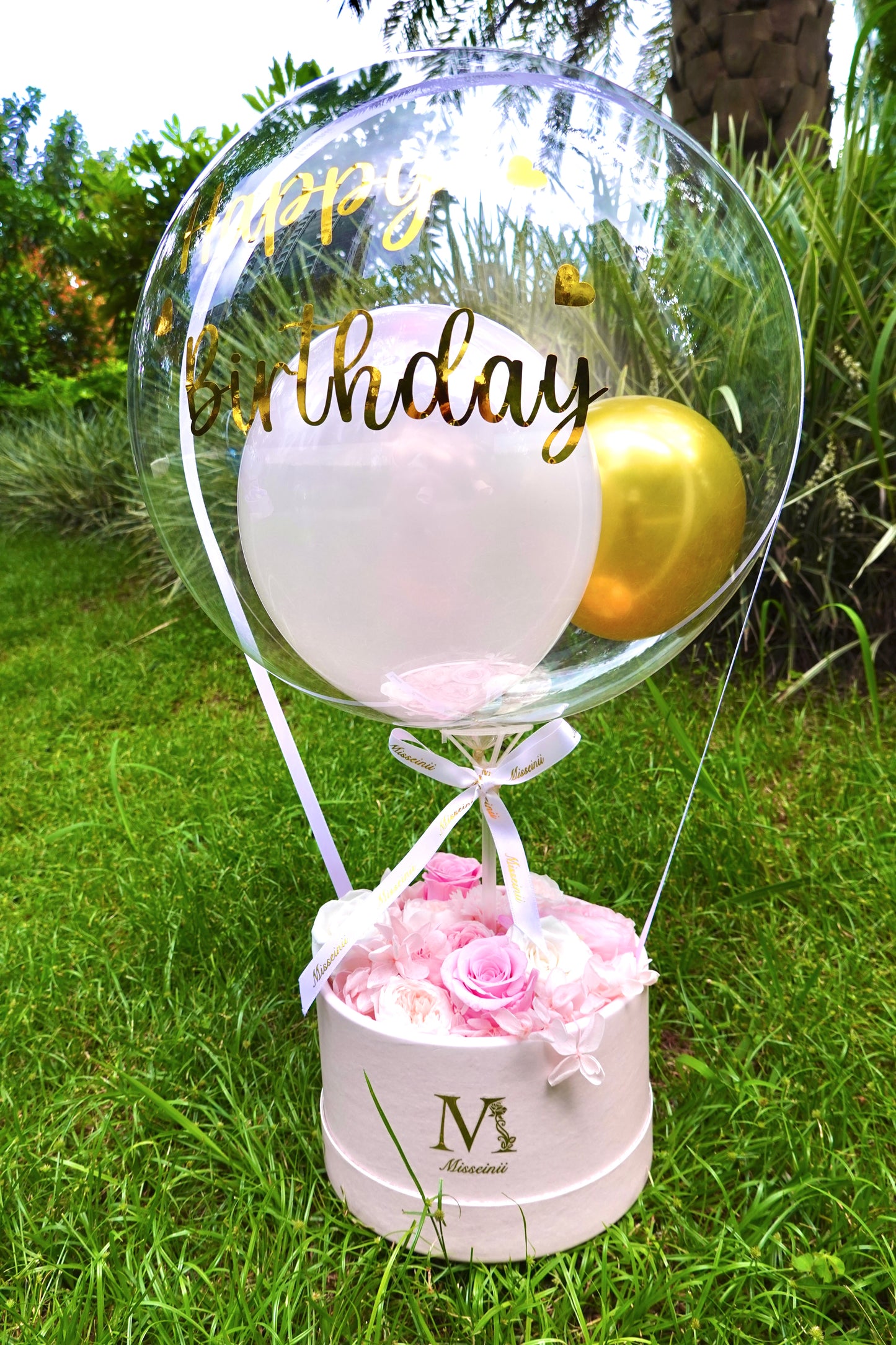 Preserved Rose Flower Box with Balloon - Pink